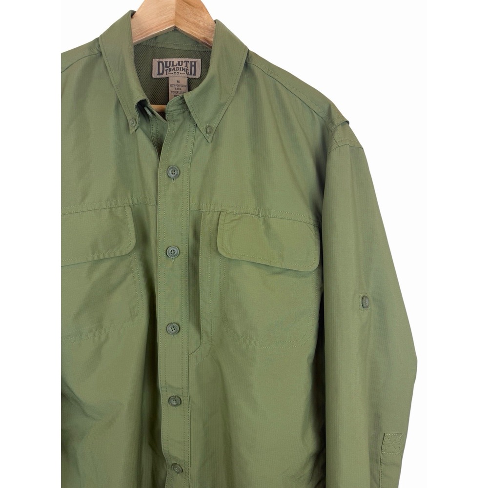 Duluth Trading Men M Action Vented Fishing Ripstop Button Down Green Coolplus